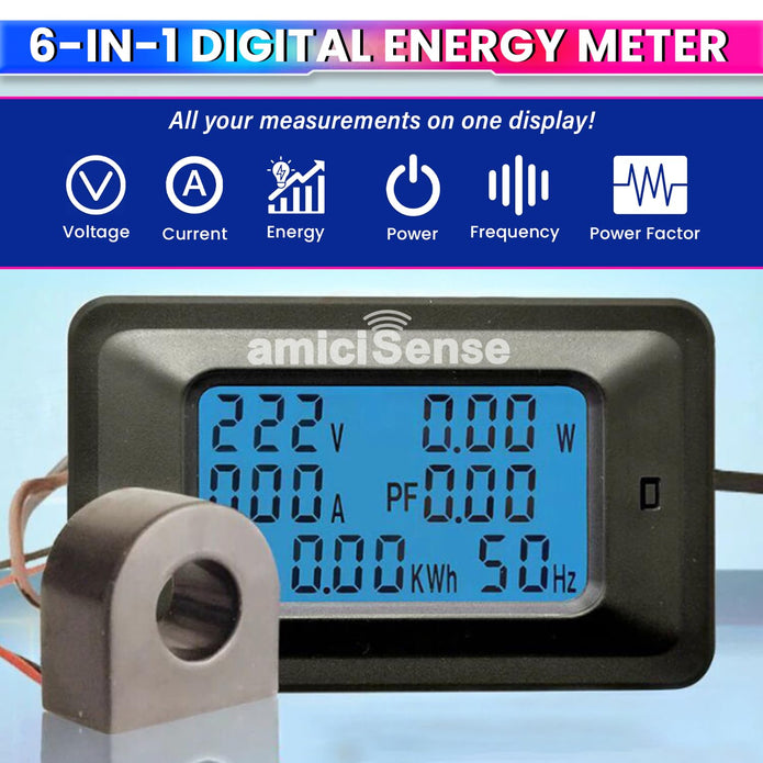AC 20KW 100A 6-in-1 Digital Energy Power Meter with Blue Backlight LCD & Data Memory Function