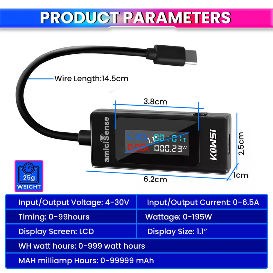 6-in-1 Digital LCD Type-C Charger Tester – Voltage, Current, Time, mAh, & Wh Detector