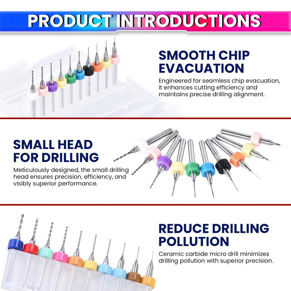 10pcs Precision PCB Drill Bits Set, Tungsten Steel Carbide (0.3mm-1.2mm) for CNC Machines