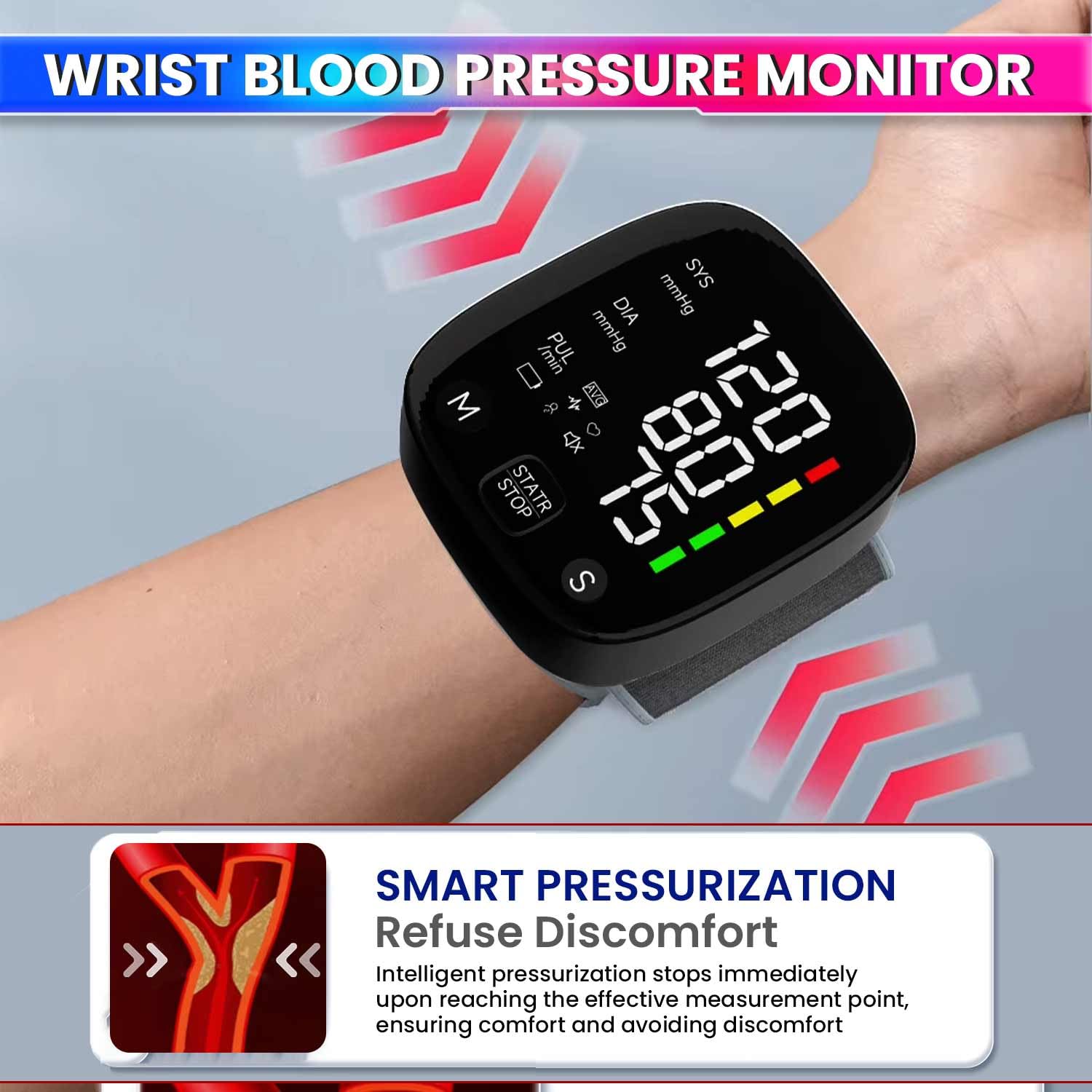 Wrist Blood Pressure Monitor, Type-C Rechargeable BP Machine Stores 99 * 2 Readings for 2 Users