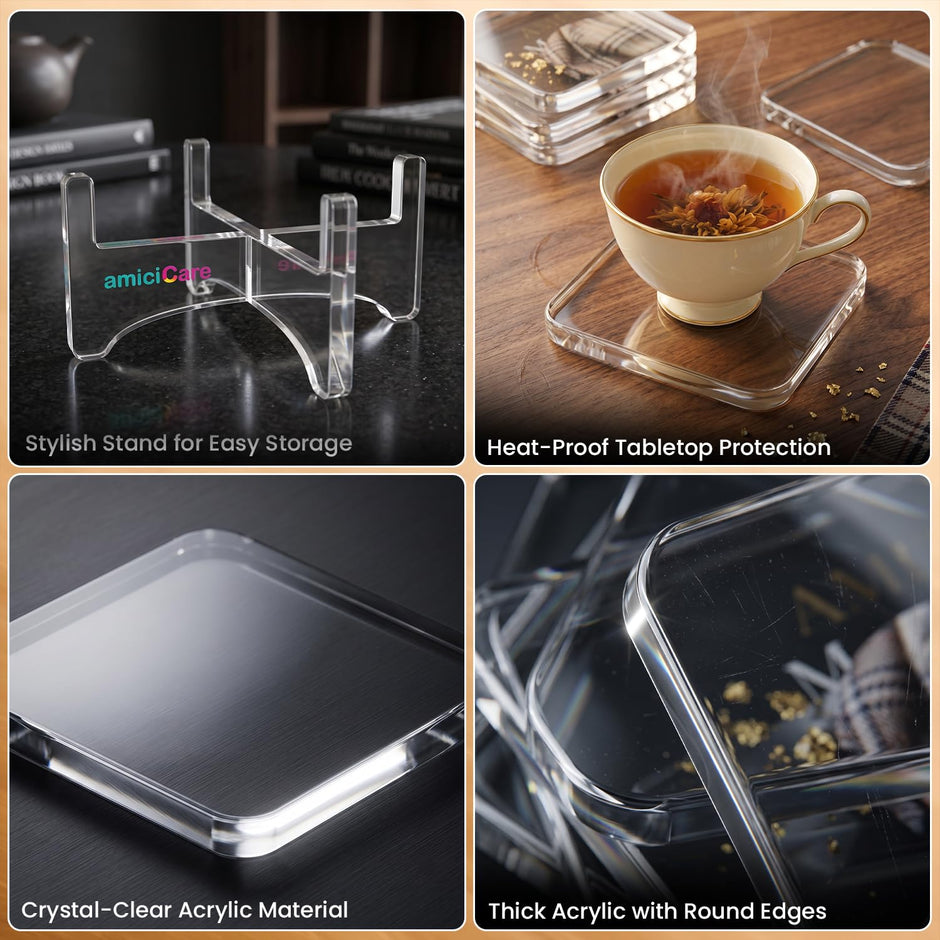 Acrylic Coasters with Holder, Set of 4, Clear Transparent Drink Coasters
