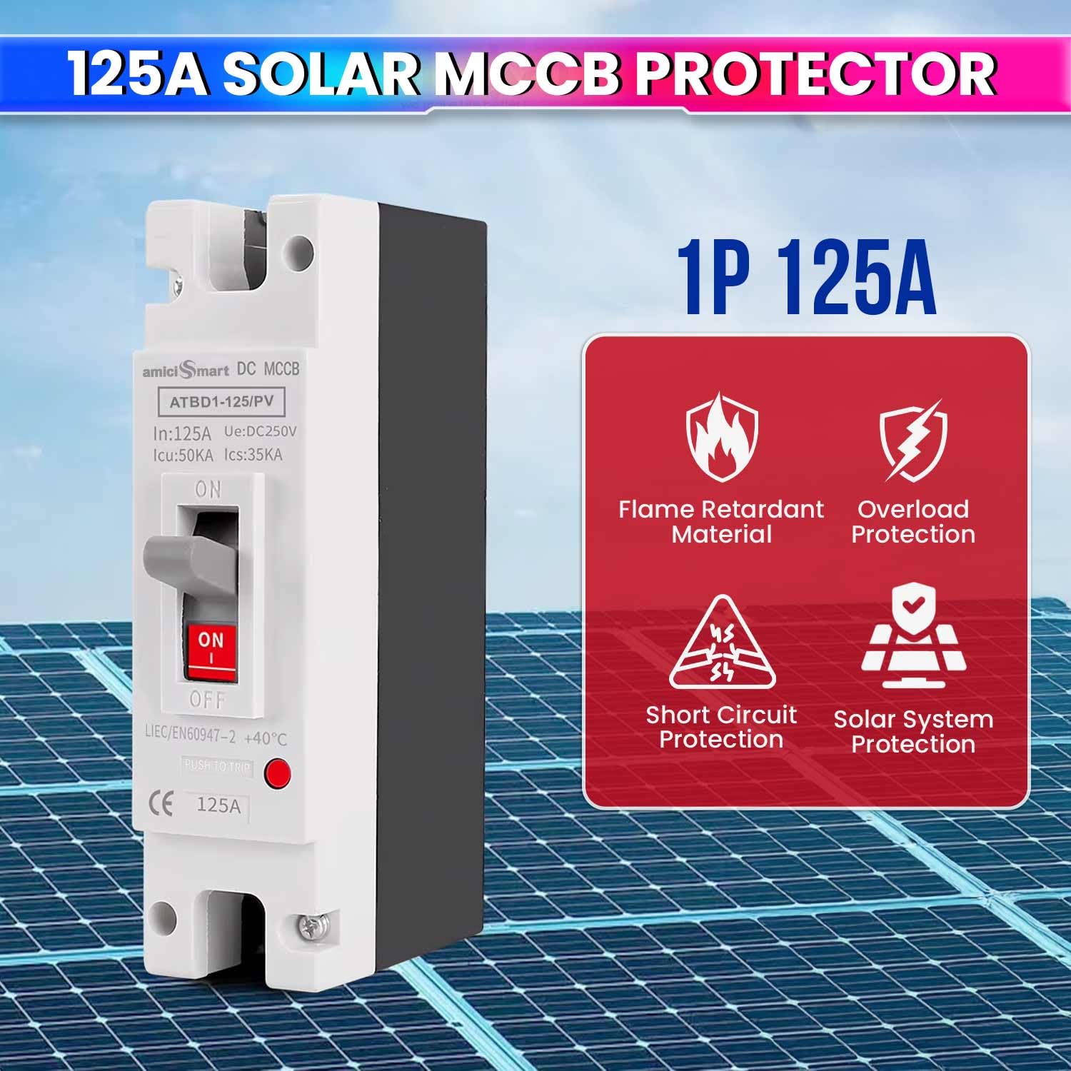 125A 1P DC MCCB, 250V/600V, 50kA – Overload & Short Circuit Protection for Solar/PV Systems amiciKart