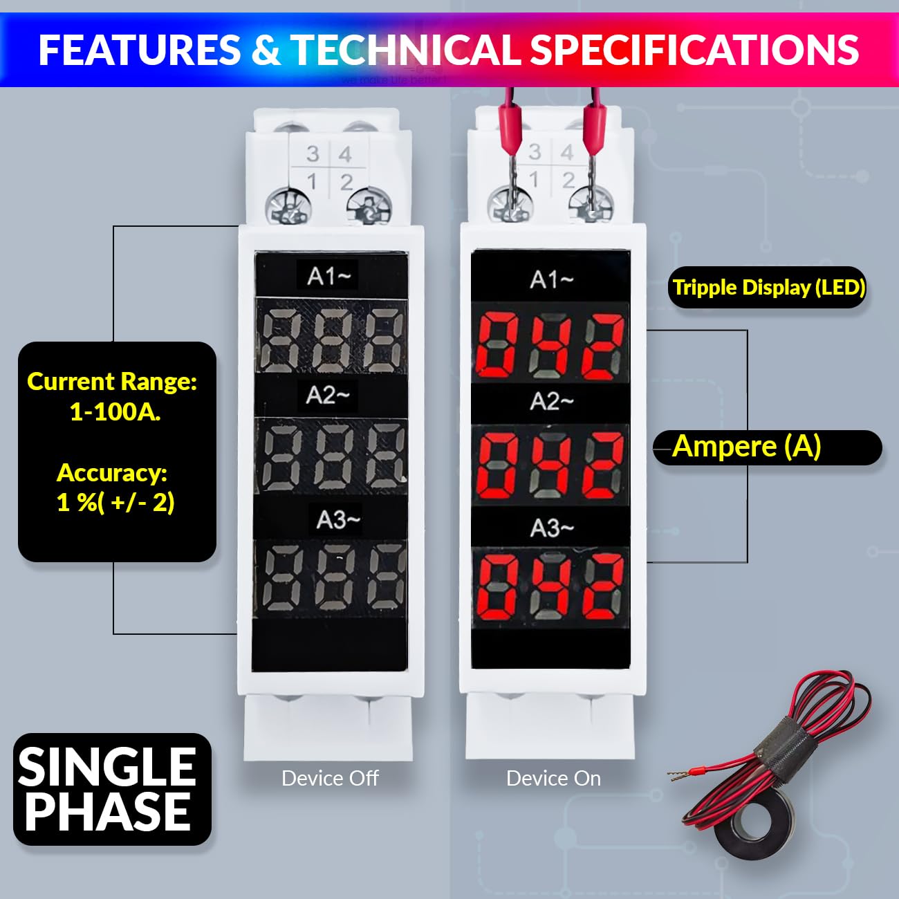Ac 80~500V  Mini Current Tester With Led Display 35Mm Din Rail Mounted