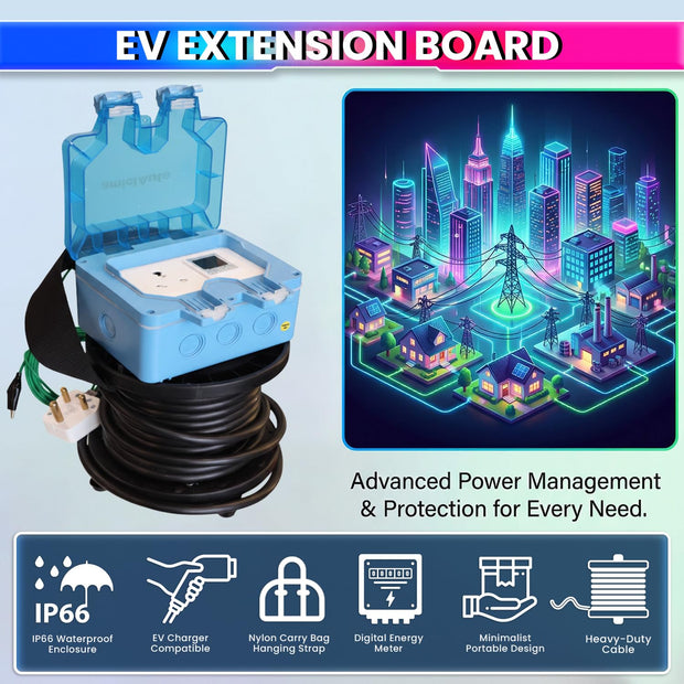 amiciAuto EV Charging Extension Board | Digital Energy Meter with Voltage Protector | 10M 4 Sq mm Heavy-Duty Cable