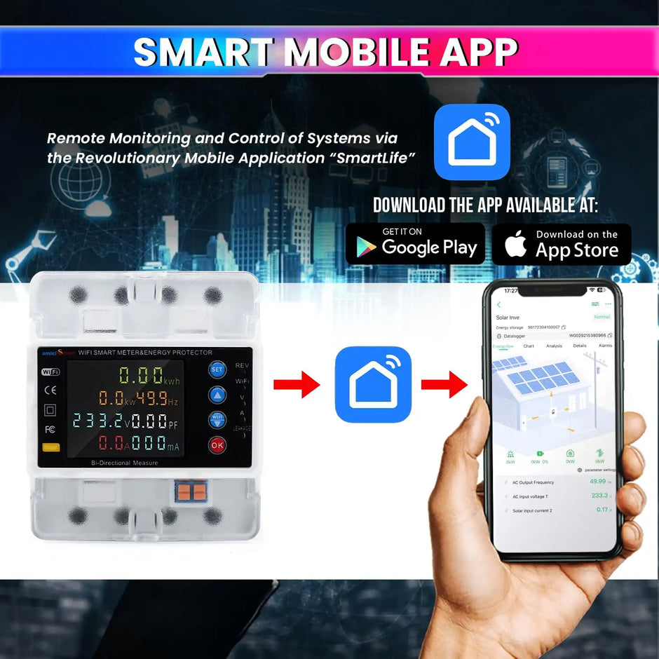 WiFi Bi-Directional Energy Meter Over/Under Voltage, Overload & Leakage Protection with Auto Reconnect