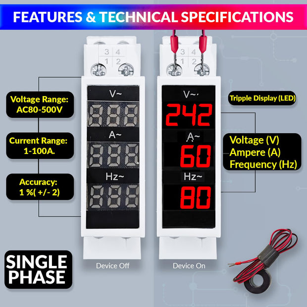 amiciSense 3 In 1 Voltage, Current, Frequency Display, 80~500 VAC|100A Voltage Tester With External CT And 35mmDin Rail Mount