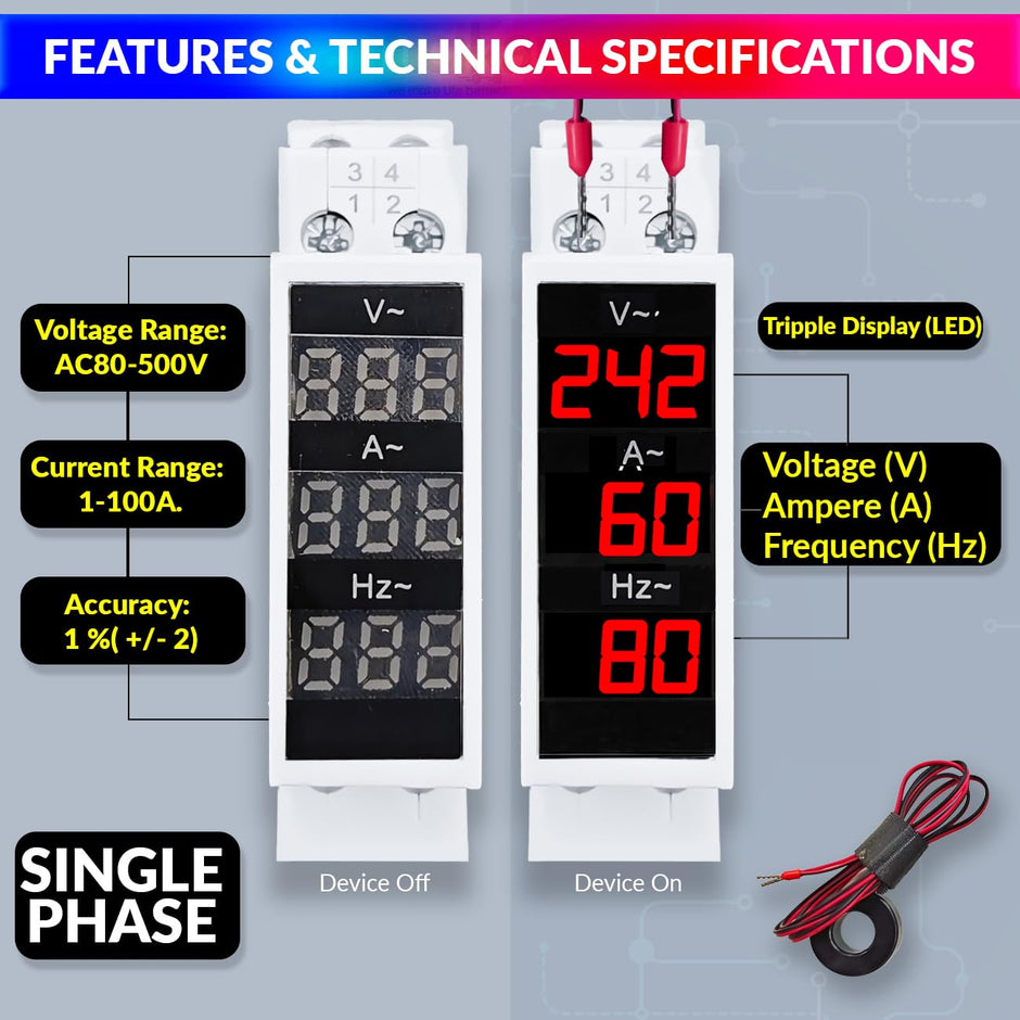 3-in-1 Voltage, Current & Frequency Meter 80- 500V AC, 100A with External CT & Clear LED Display amiciKart
