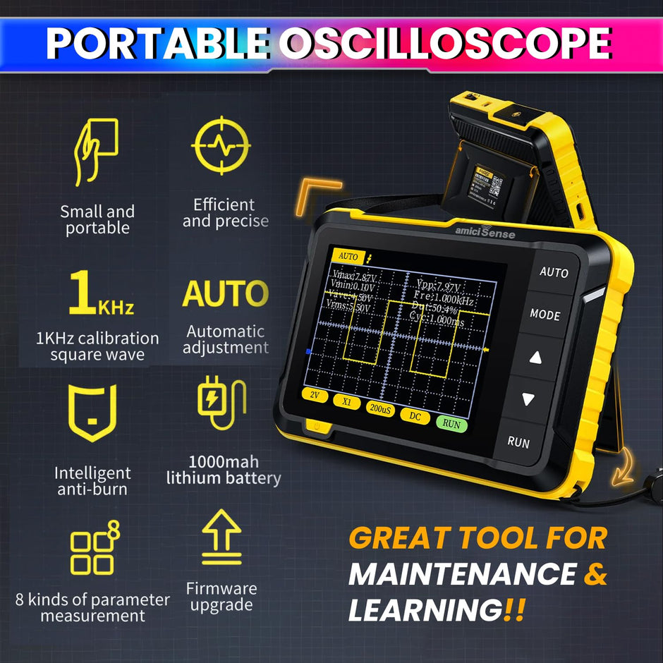 amiciSense DSO-152 Mini Digital Oscilloscope – 2.8” TFT Handheld Single Channel Oscilloscope with 200KHz Bandwidth, 2.5MS/s Sampling Rate & USB-C