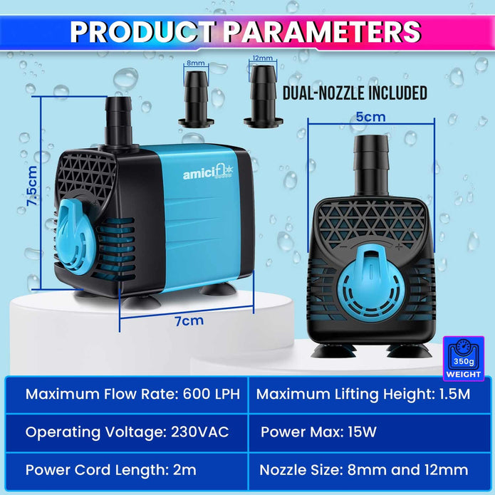 15W Submersible Water Pump – Pure Copper Motor, 2M Cord & 600L/H Flow, 1.5M Lift Silent Operation for Aquarium & Fountain Pump