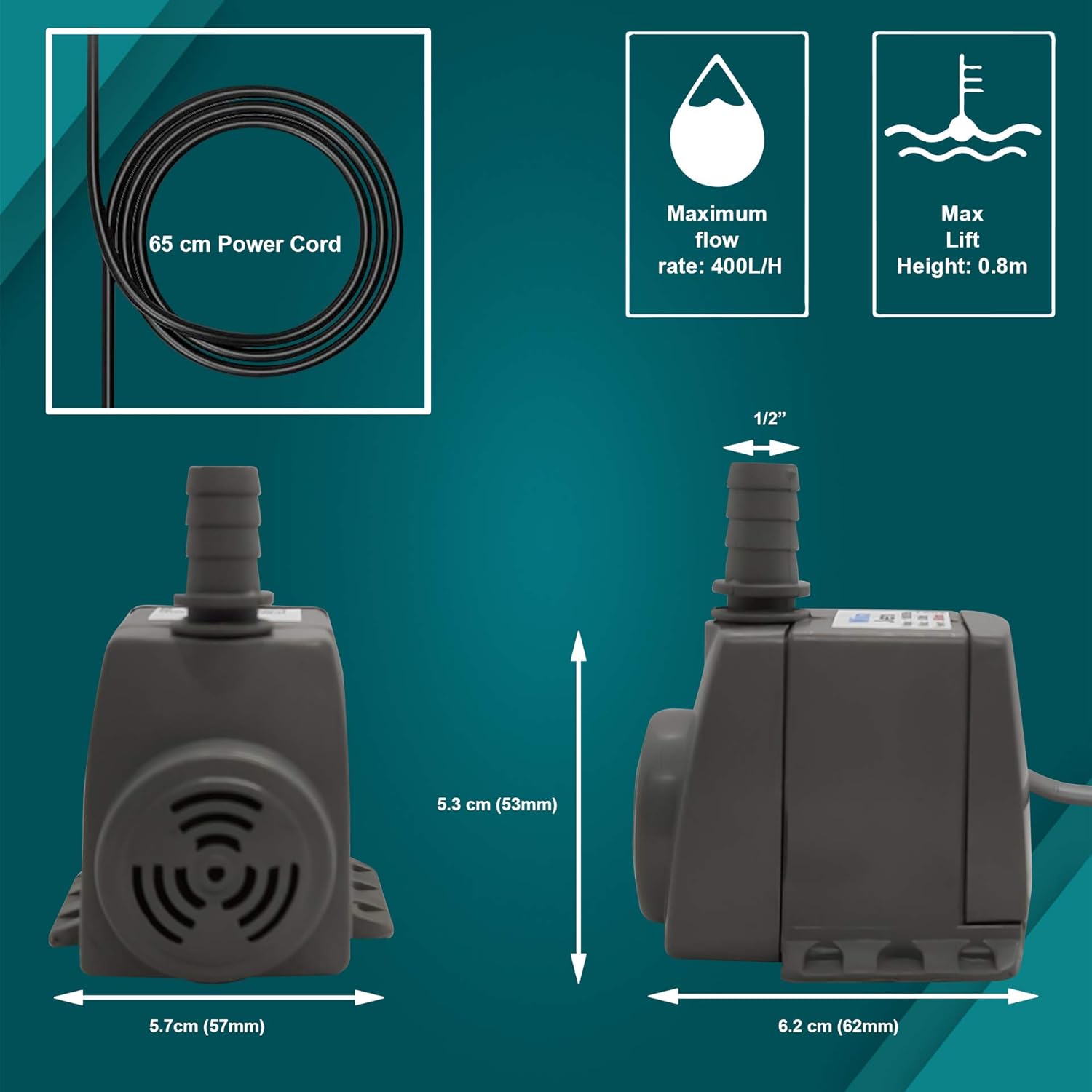 Submersible Pump with 80cm Water Lift and 400L/H Flow (Black, 9W)