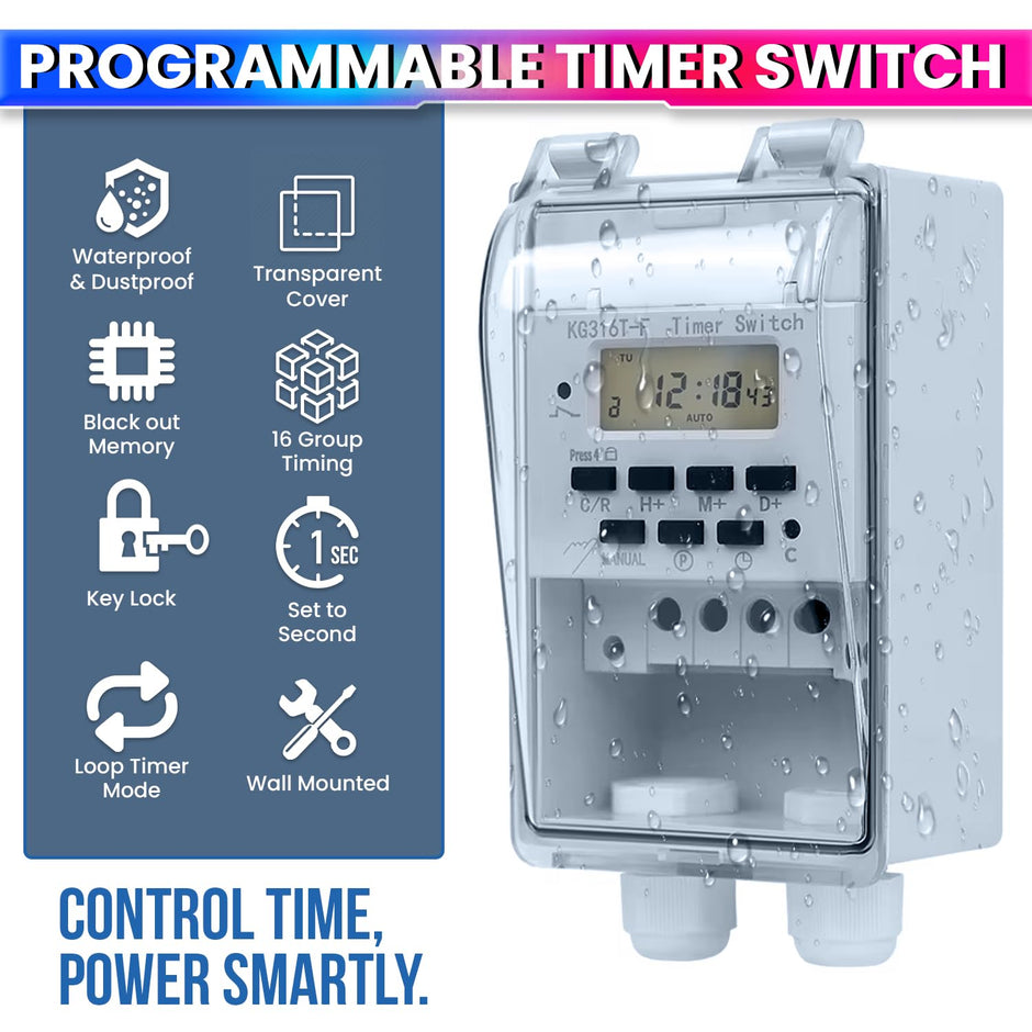 amiciSmart 230V 30A Digital Programmable Timer Switch with Loop Mode | IP65 Waterproof | 20 ON/Off Schedules | LCD Display | Auto Keyboard Lock |