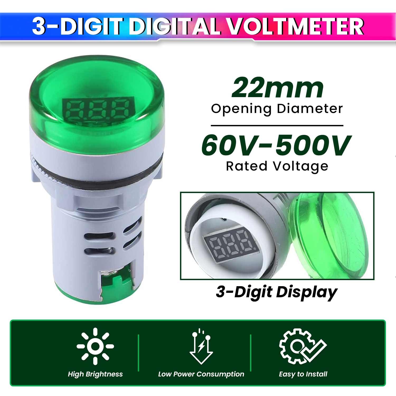 amiciSense 3-Digit Digital Voltmeter, 60-500VAC Voltage Range, Compact and Accurate Voltage Display