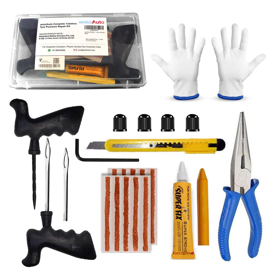 Complete Tubeless Tyre Puncture Repair Kit with Box (Nose Pliers, Cutter and Strips) amiciKart c0tmiz-hs.myshopify.com