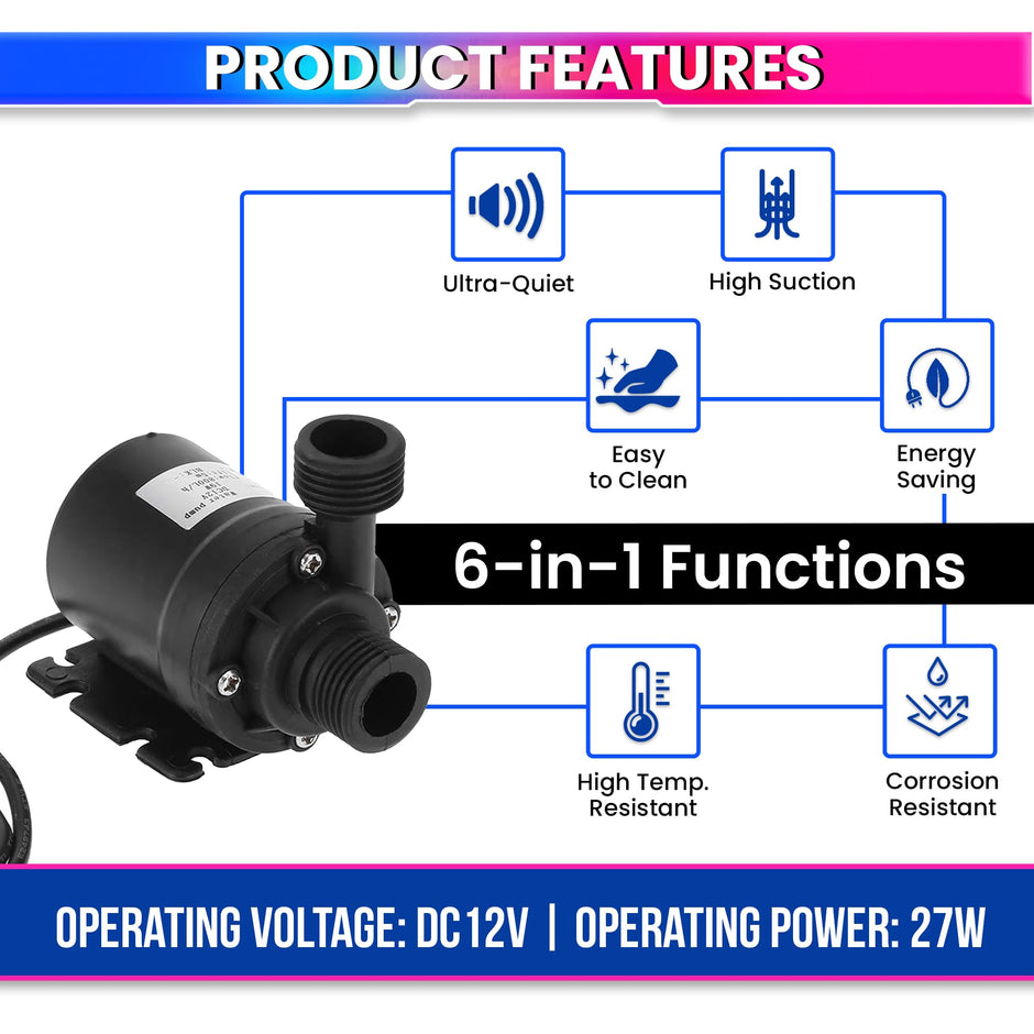 amiciFlo DC 24V Water Pump | Ultra-Quiet Submersible Pump with 780L/H Flow and 3.5M Lift Height, Durable Brushless Motor
