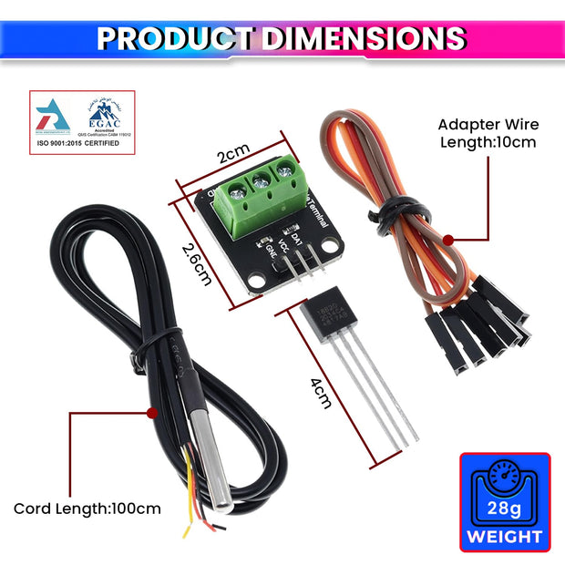 Waterproof Temperature Sensor Module Kit with 100CM Stainless Steel Probe & Terminal Adapter High-Precision Digital Sensor for Uno, Raspberry Pi, ESP32