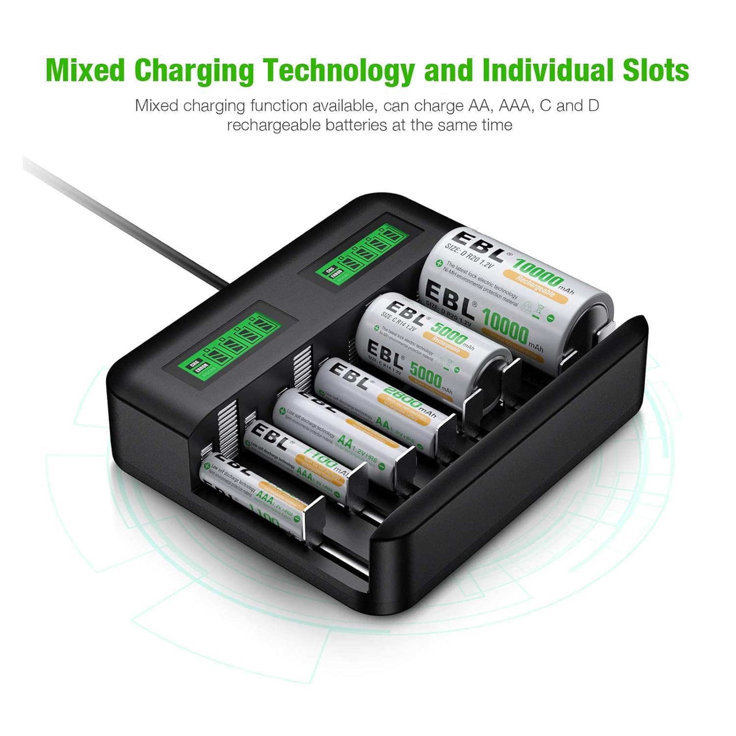 8-Bay LCD Universal Battery Charger with 4×AA (2300mAh) & 4×AAA (800mAh) Ni-MH Batteries