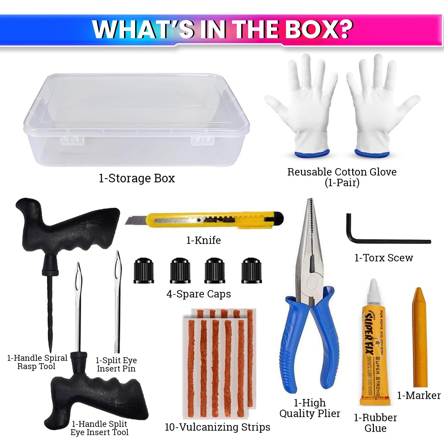 Complete Tubeless Tyre Puncture Repair Kit with Box (Nose Pliers, Cutter and Strips) amiciKart c0tmiz-hs.myshopify.com