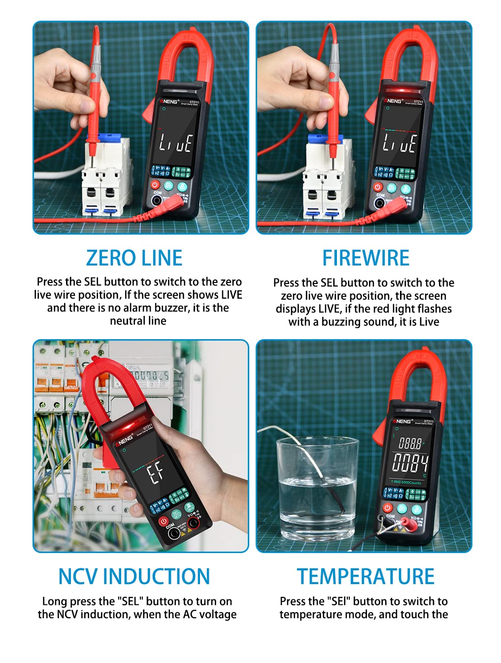ST211 TRMS Clamp Meter 400A, 600V AC/DC, 6000 Counts, NCV, Resistance & Frequency amiciKart