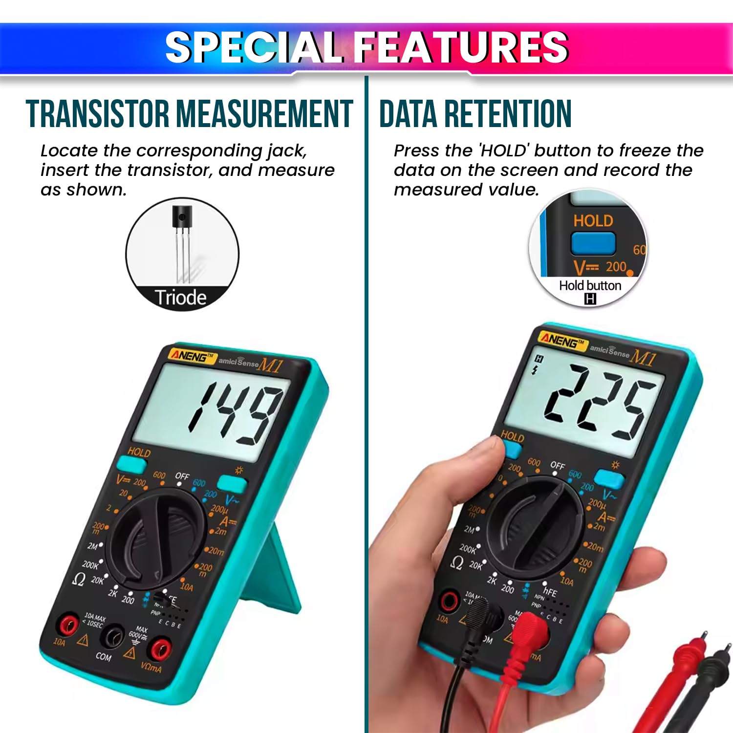 M1 Digital Multimeter – 600V AC/DC, Current, Resistance, Diode, hFE Test, Data Hold, Backlit amiciKart