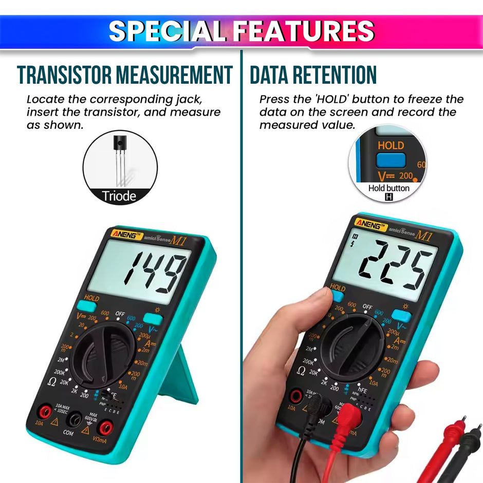 M1 Digital Multimeter – 600V AC/DC, Current, Resistance, Diode, hFE Test, Data Hold, Backlit amiciKart