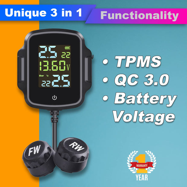 amiciAuto Bike TPMS, 3 in 1 Tyre Pressure Monitoring System for 2 Wheeler with QC 3.0 Fast Charging and Battery Voltage Monitoring