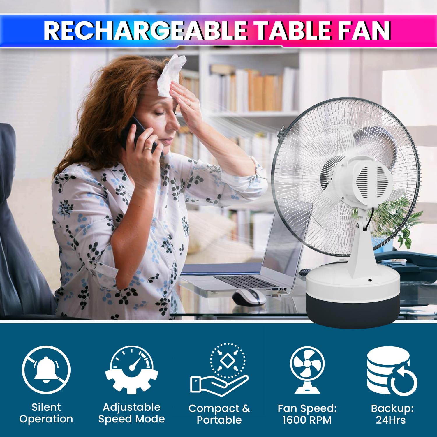 12-Inch Rechargeable Table Fan – Portable 3-Speed AC/DC Fan with 24-Hour Battery Backup