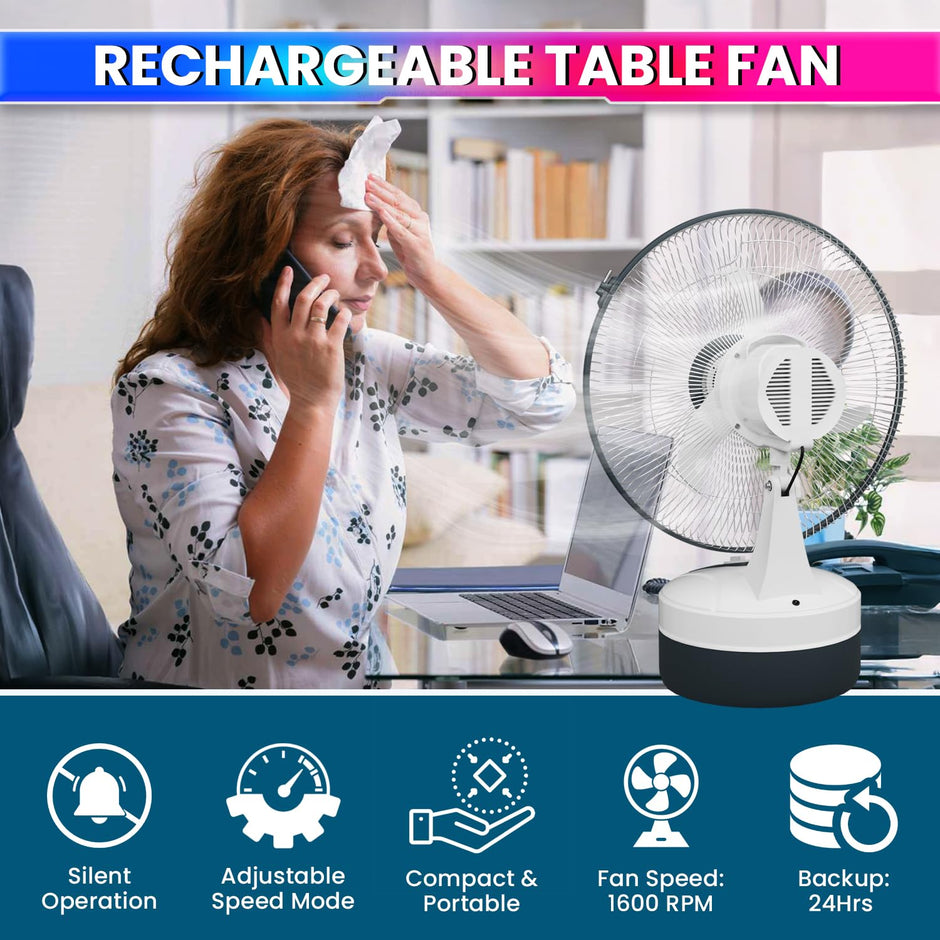 12-Inch Rechargeable Table Fan – Portable 3-Speed AC/DC Fan with 24-Hour Battery Backup