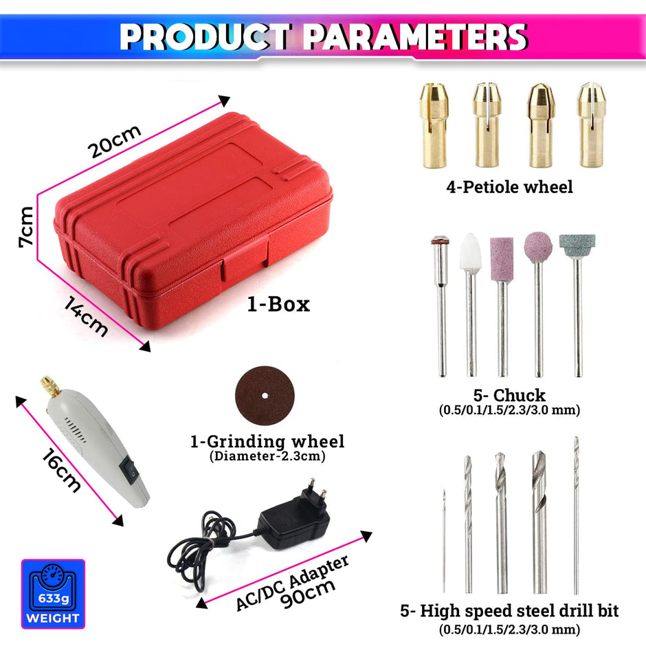 amiciTools Electric Grinder Tool Kit, DIY 12000RPM Rotary Drill with 14 Pcs Accessories for Polishing, Cleaning and Engraving, 12V DC