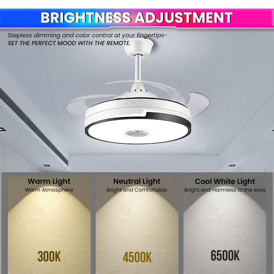 Ceiling Fan with Light & Bluetooth Speaker – Modern Invisible Chandelier, 6 Speeds & Remote