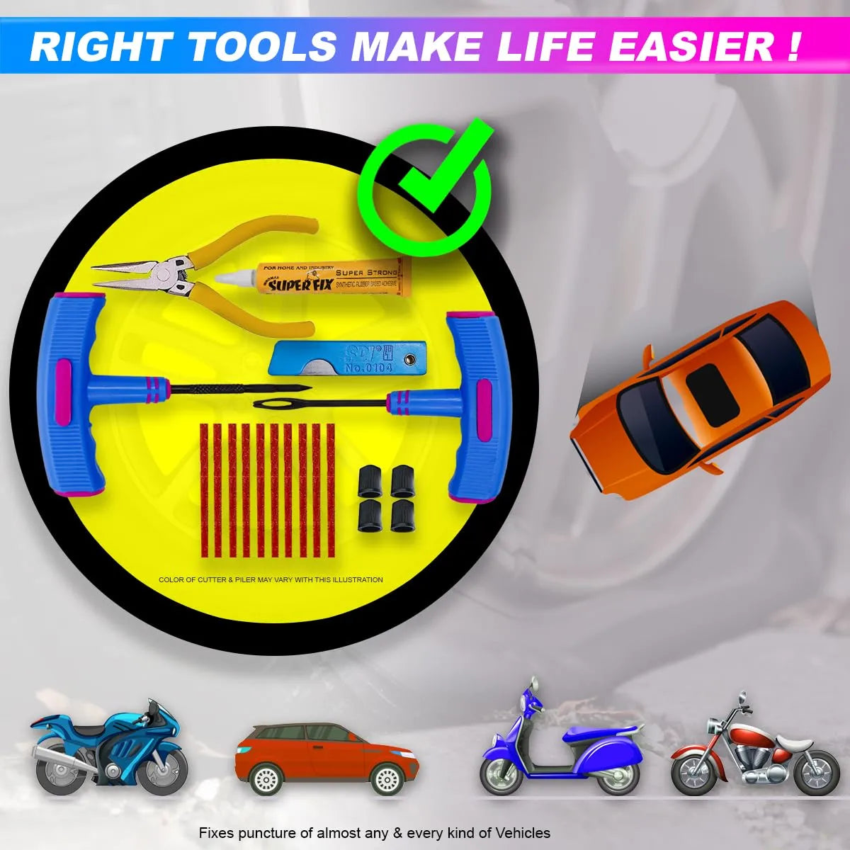 Tubeless Tyre Puncture Repair Kit Rubberized Anti-Slip Heavy-Duty Tools