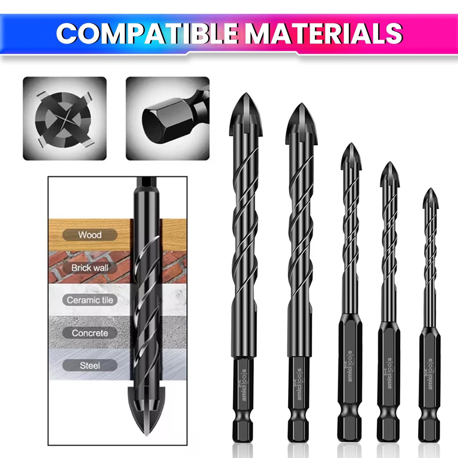4-12MM Masonry Hex Tile Drill Bits Set – Hard Alloy Triangle Bit Kit – Pack of 5 amiciKart