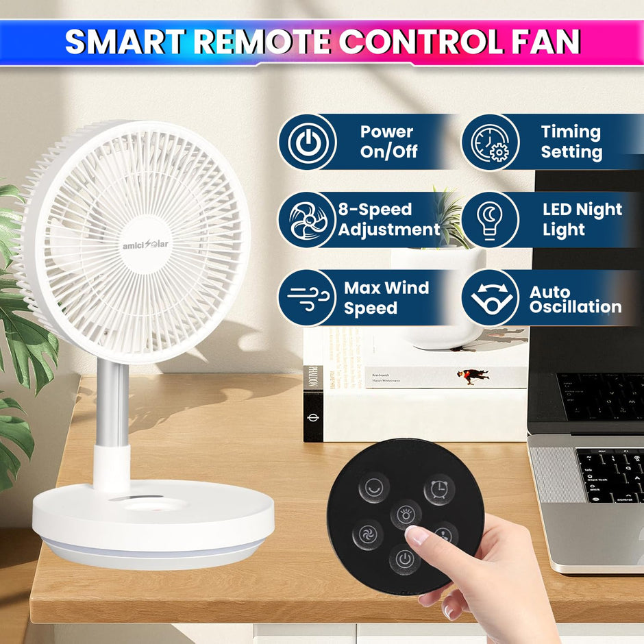 10-Inch Telescopic Rechargeable Stand Fan – 8-Speed Folding Fan with Remote & 9000mAh Battery