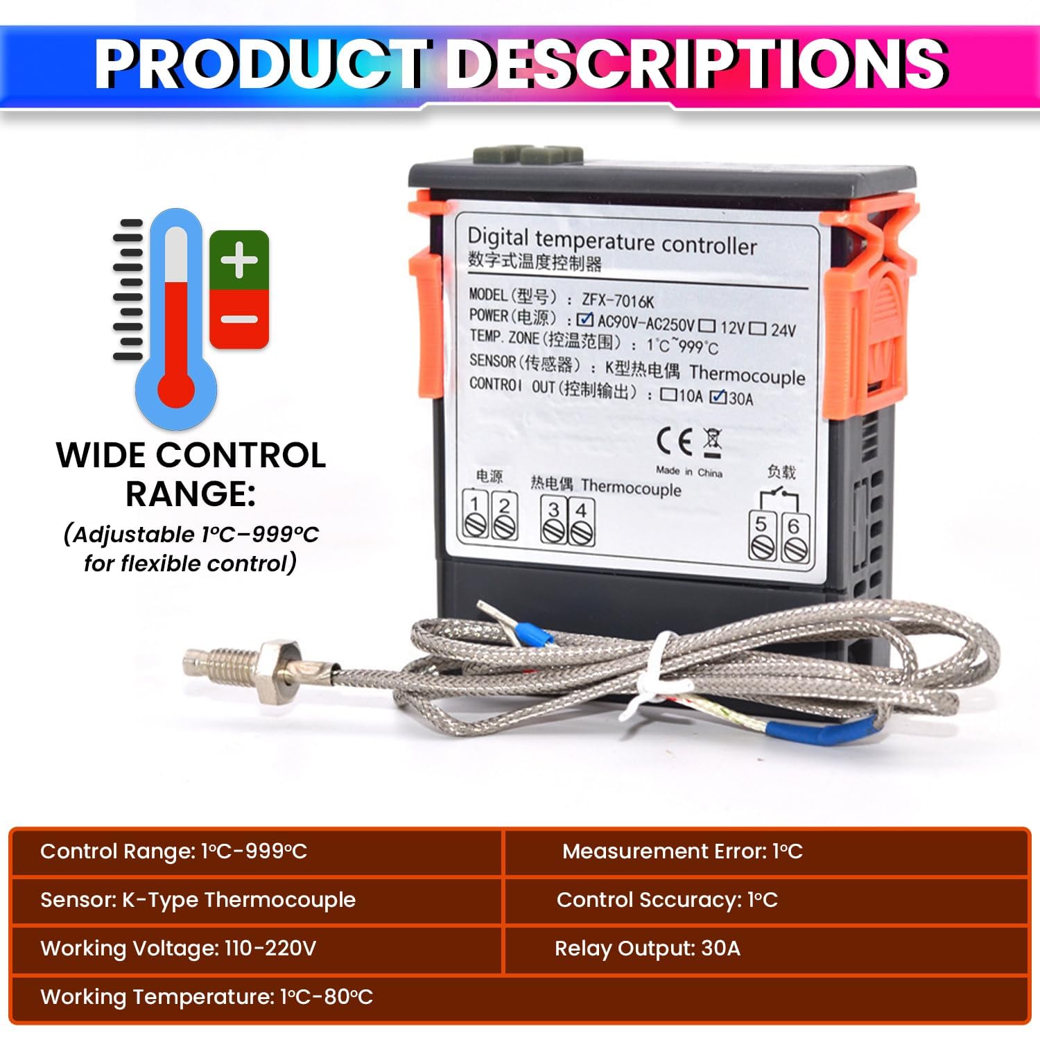 Digital Temperature Controller Thermostat Switch with K-Type Sensor