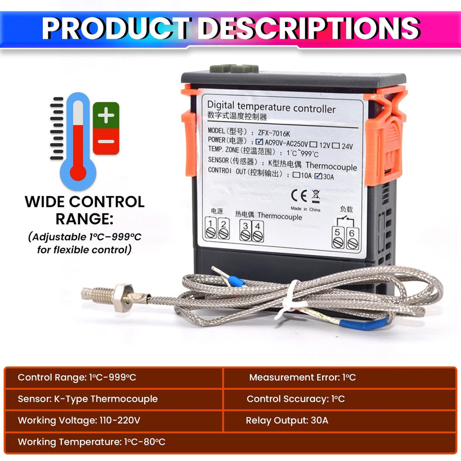 Digital Temperature Controller Thermostat Switch with K-Type Sensor