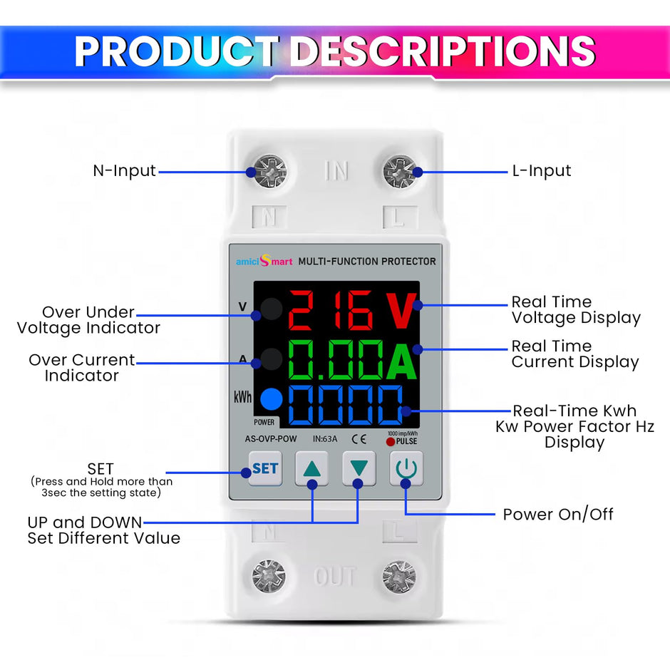 63A 230V Digital Energy Meter with Over/Under Voltage, Over Current/Load Protection