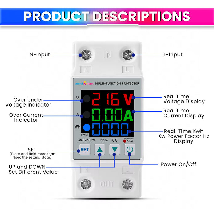 Digital Energy Meter Over/Under Voltage & Overload Protection Device with Auto Reconnect and LCD Display 63A 230V