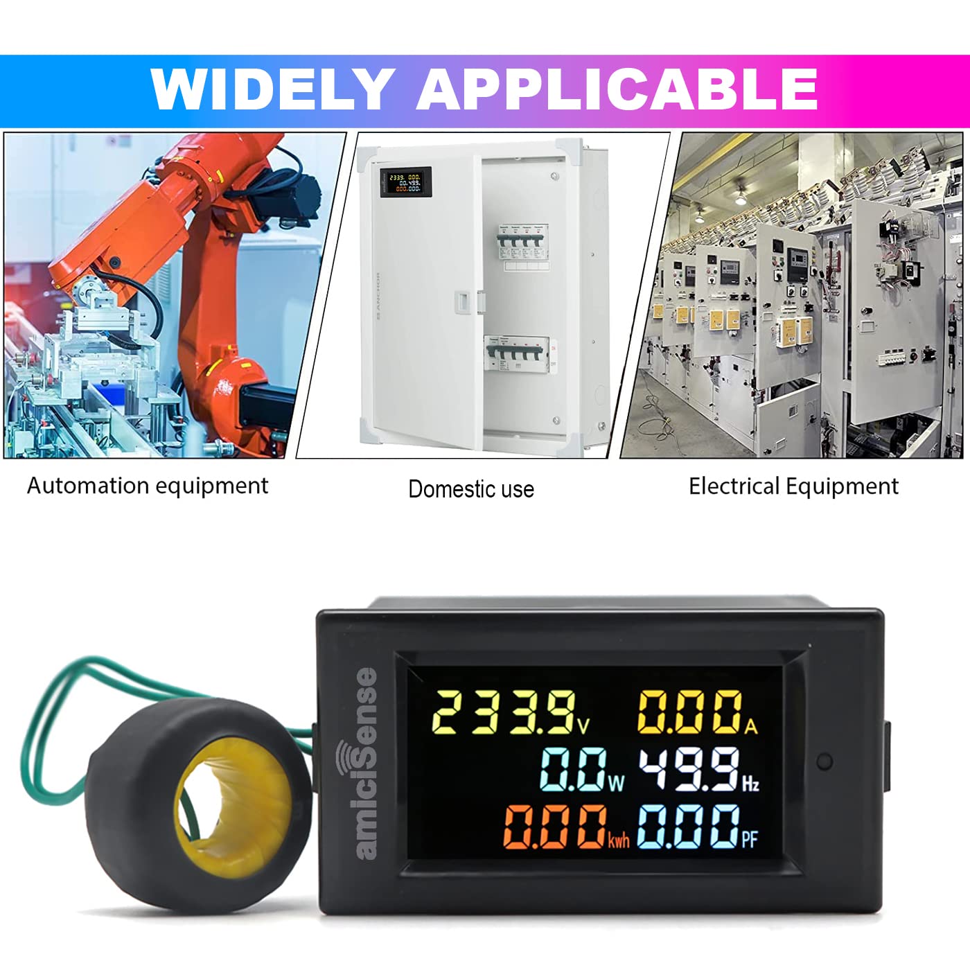 6-in-1 Digital Power Meter, 100A 40–300V AC with Multi-Colour Display (22kW)