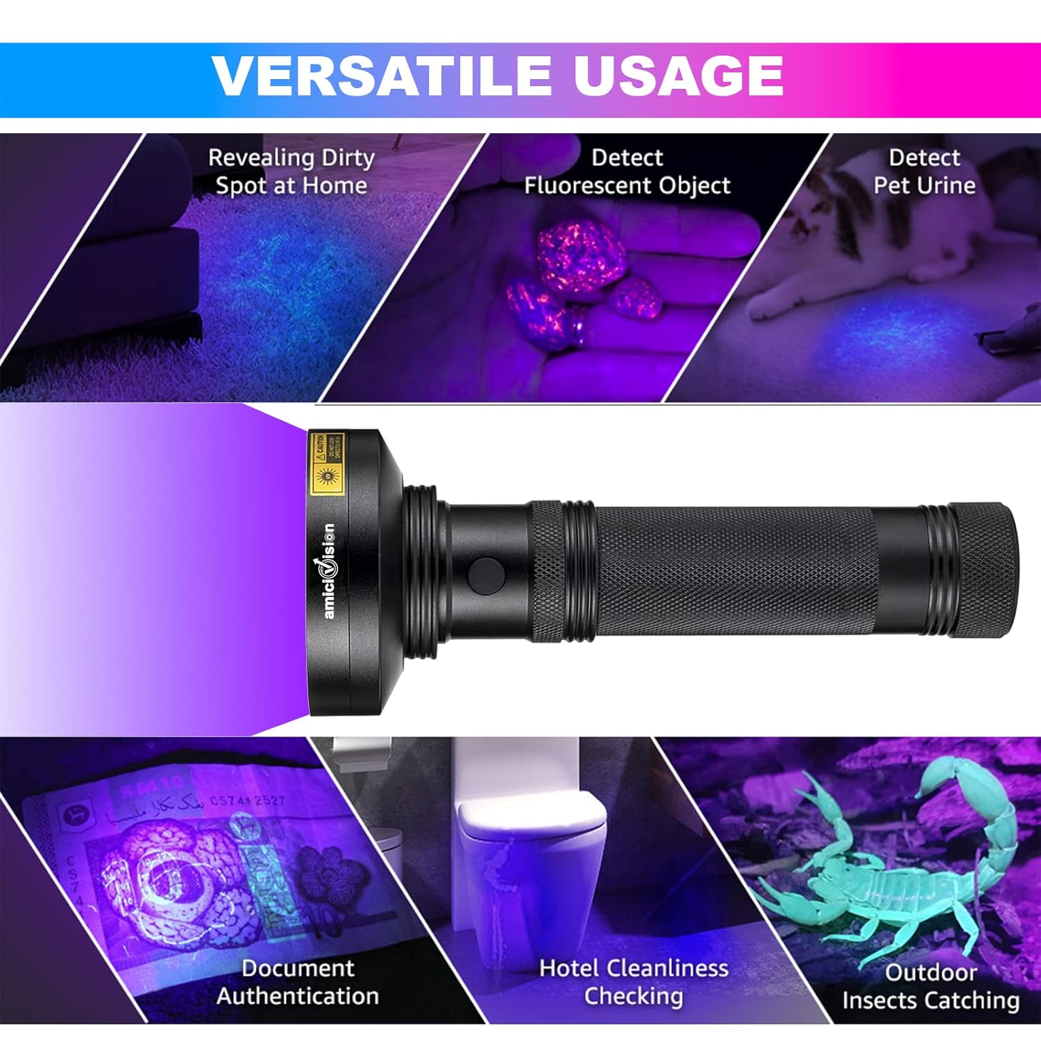 UV Flashlight Torch with 100LEDs Ultra-Violet Metal Torch for Stain Detection, Document Verification & Forensics