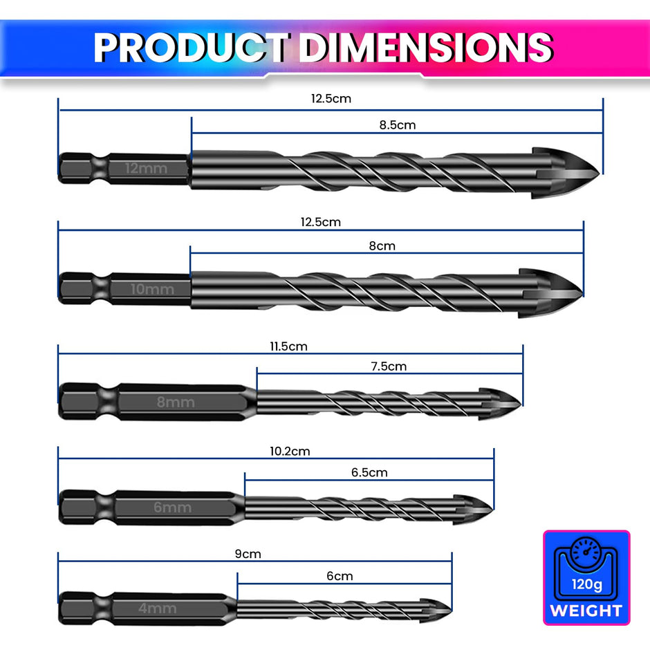 amiciTools 4-12MM Masonry Hex Tile Drill Bits Set – Hard Alloy Triangle Bit Kit for Glass, Ceramic, Concrete, Brick & More – Pack of 5