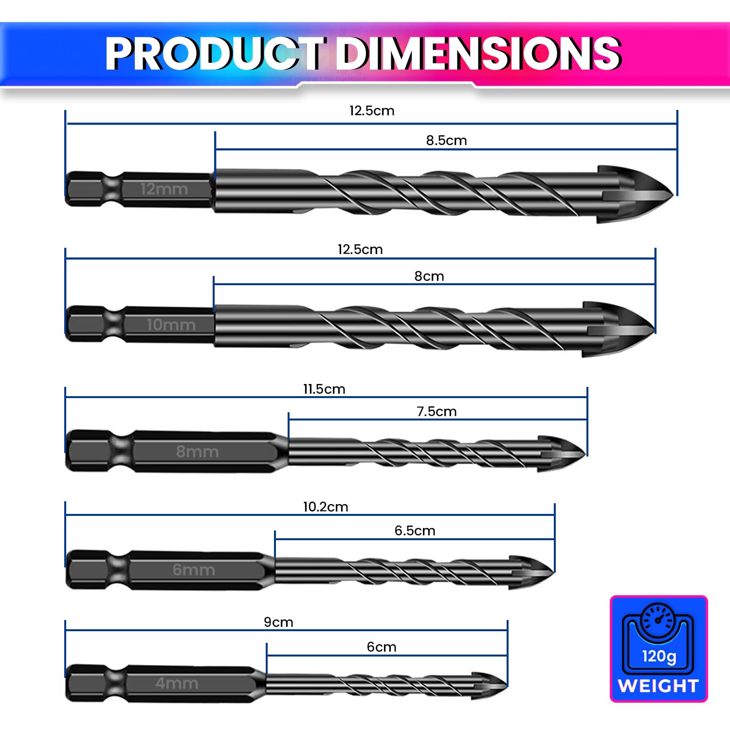 amiciTools 4-12MM Masonry Hex Tile Drill Bits Set – Hard Alloy Triangle Bit Kit for Glass, Ceramic, Concrete, Brick & More – Pack of 5