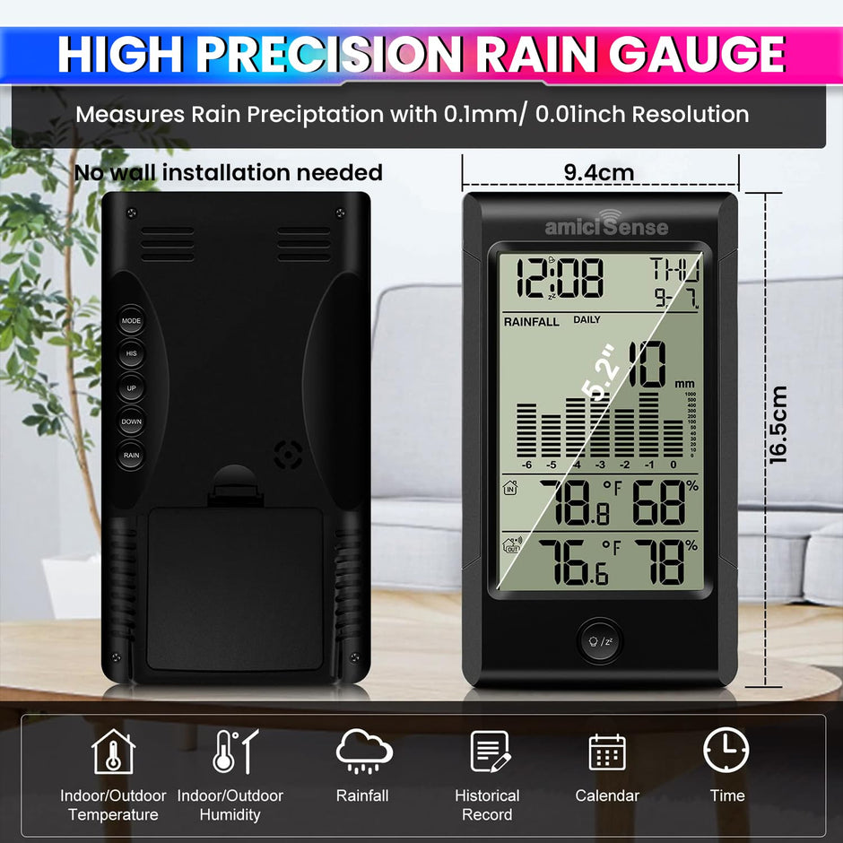 Wireless Rain Gauge – 5-in-1 Sensor , Indoor/Outdoor Temp & Humidity Monitor, Backlit Weather Station amiciKart