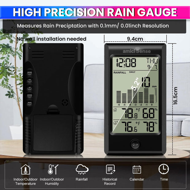 Wireless Rain Gauge – 5-in-1 Sensor , Indoor/Outdoor Temp & Humidity Monitor, Backlit Weather Station amiciKart