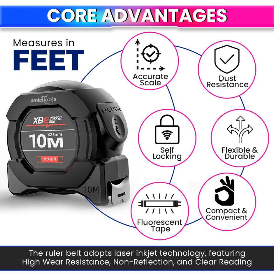 10m Dual-Unit Measuring Tape in cm & Feet with Auto-Lock & Smooth Retraction Heavy Duty Unbreakable ABS Case with Belt Clip