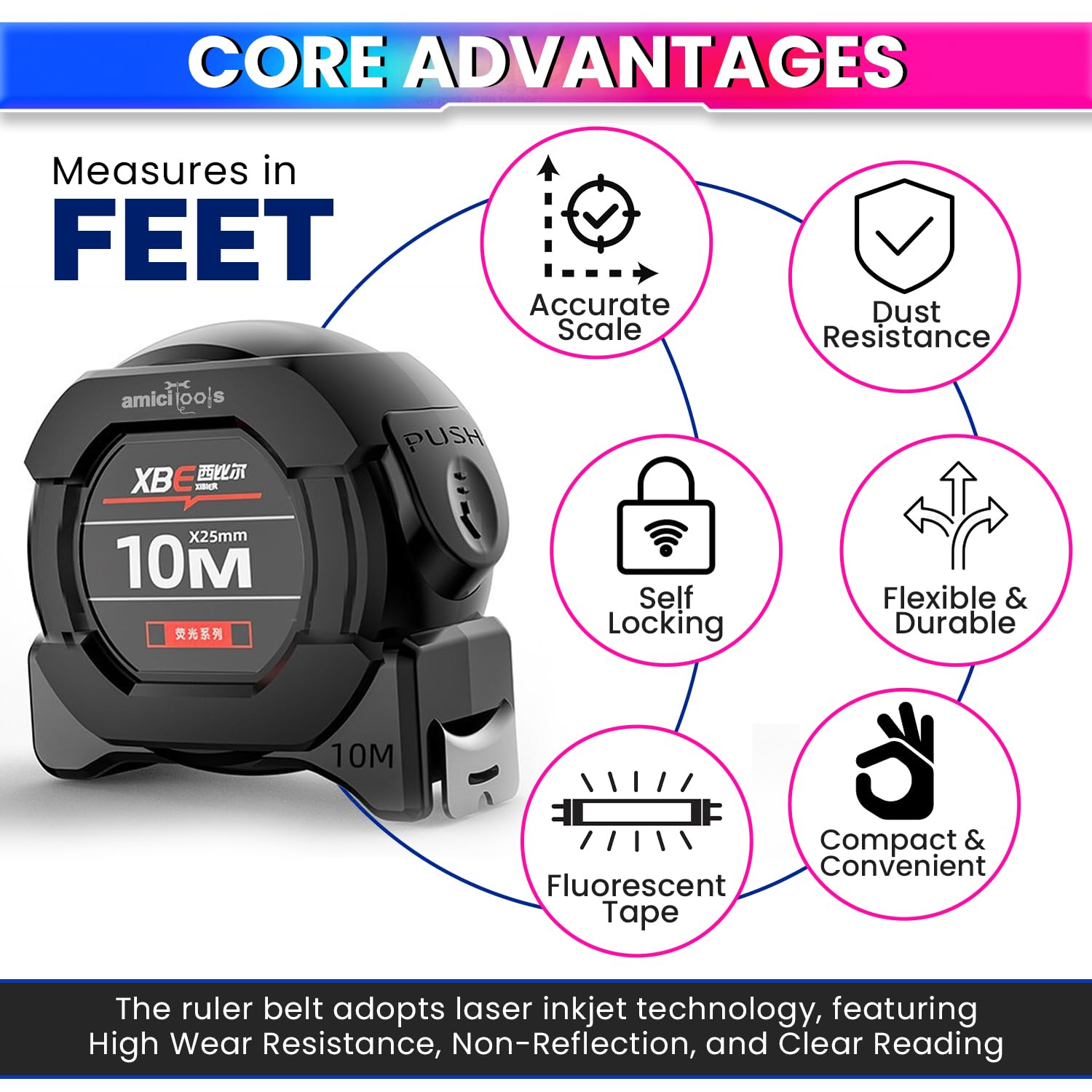 10m Dual-Unit Measuring Tape in cm & Feet with Auto-Lock & Smooth Retraction Heavy Duty Unbreakable ABS Case with Belt Clip