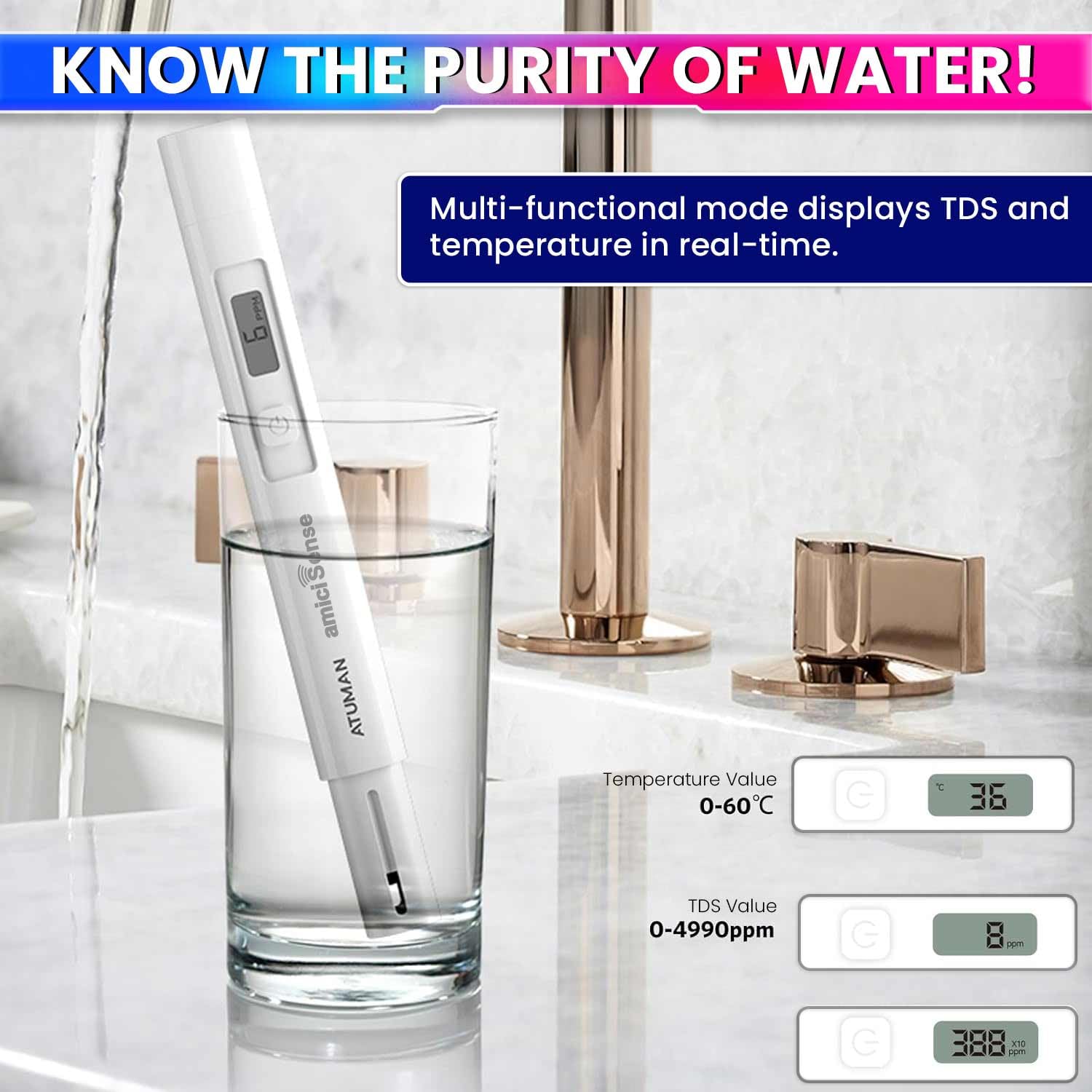 Digital TDS Meter – 4999PPM Water Quality Tester with Temp Sensor for RO, Aquarium & Lab amiciKart