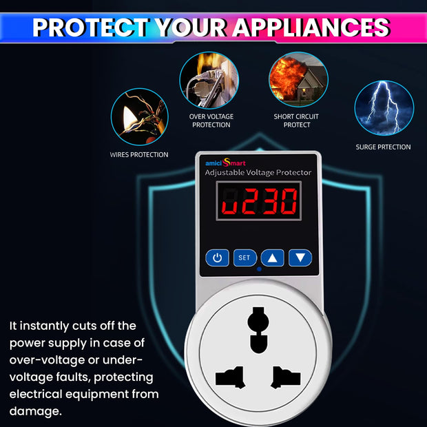 Socket Voltage Protector 10A Load Capacity with 6A Plug Over & Under Voltage Protection with LED Display