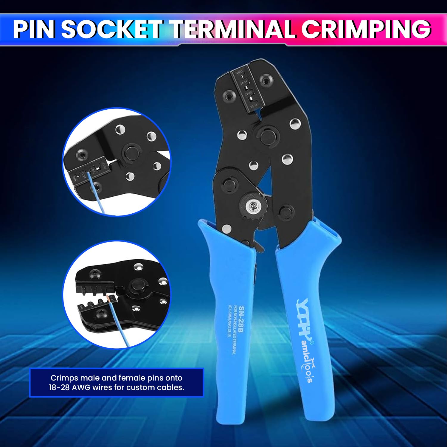 18-28 AWG Electric Wire Crimping Tool, Adjustable Ratchet Precision Crimper for Electric Wires & Terminals Ergonomic, Durable & Easy to Use amiciKart