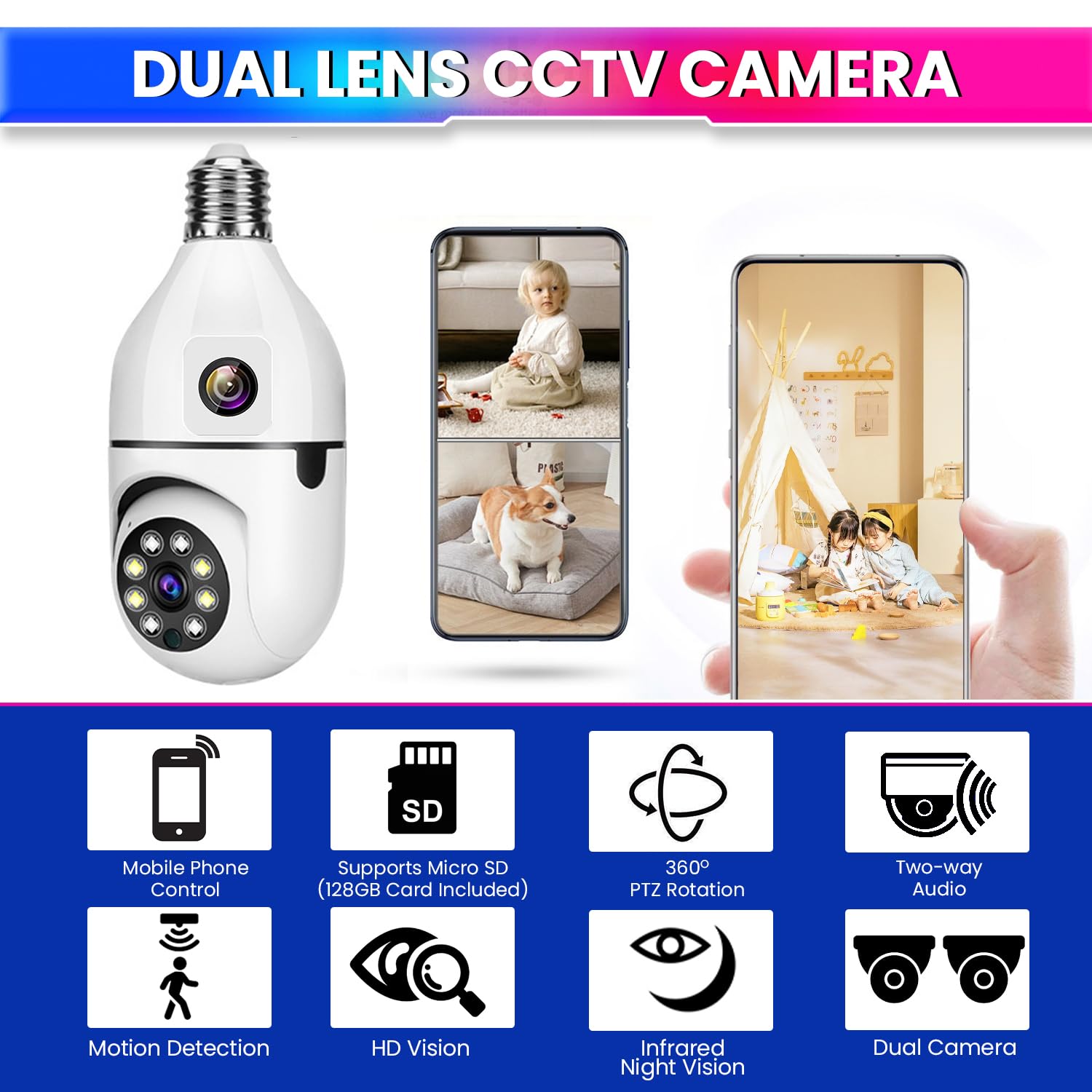 Dual Lens 360° + 90° CCTV Camera with Night Vision, Two-Way Audio, Motion Alerts, WiFi App Control 220VAC