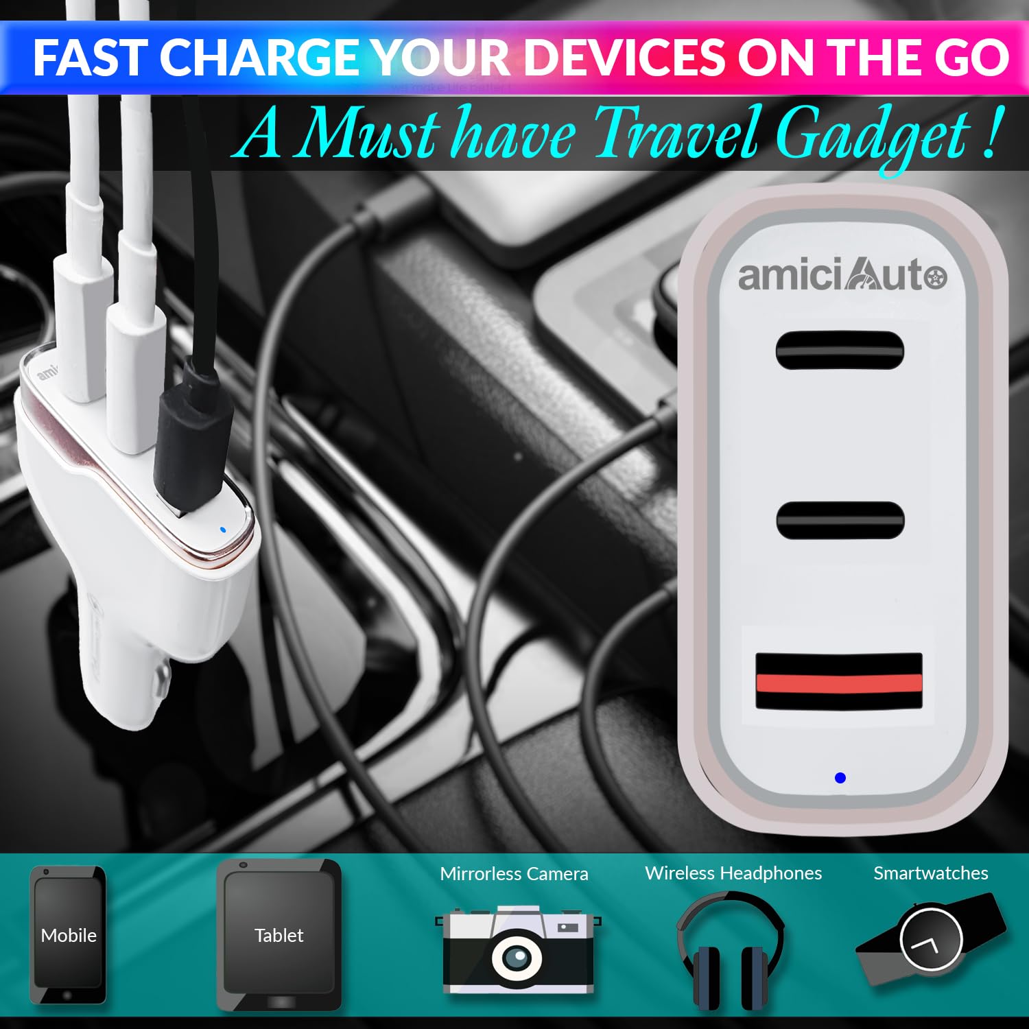 138W Car Charger with PD 3.0/PPS, 105W Dual PD Charging Port, and 18W USB-A QC 3.0 Port
