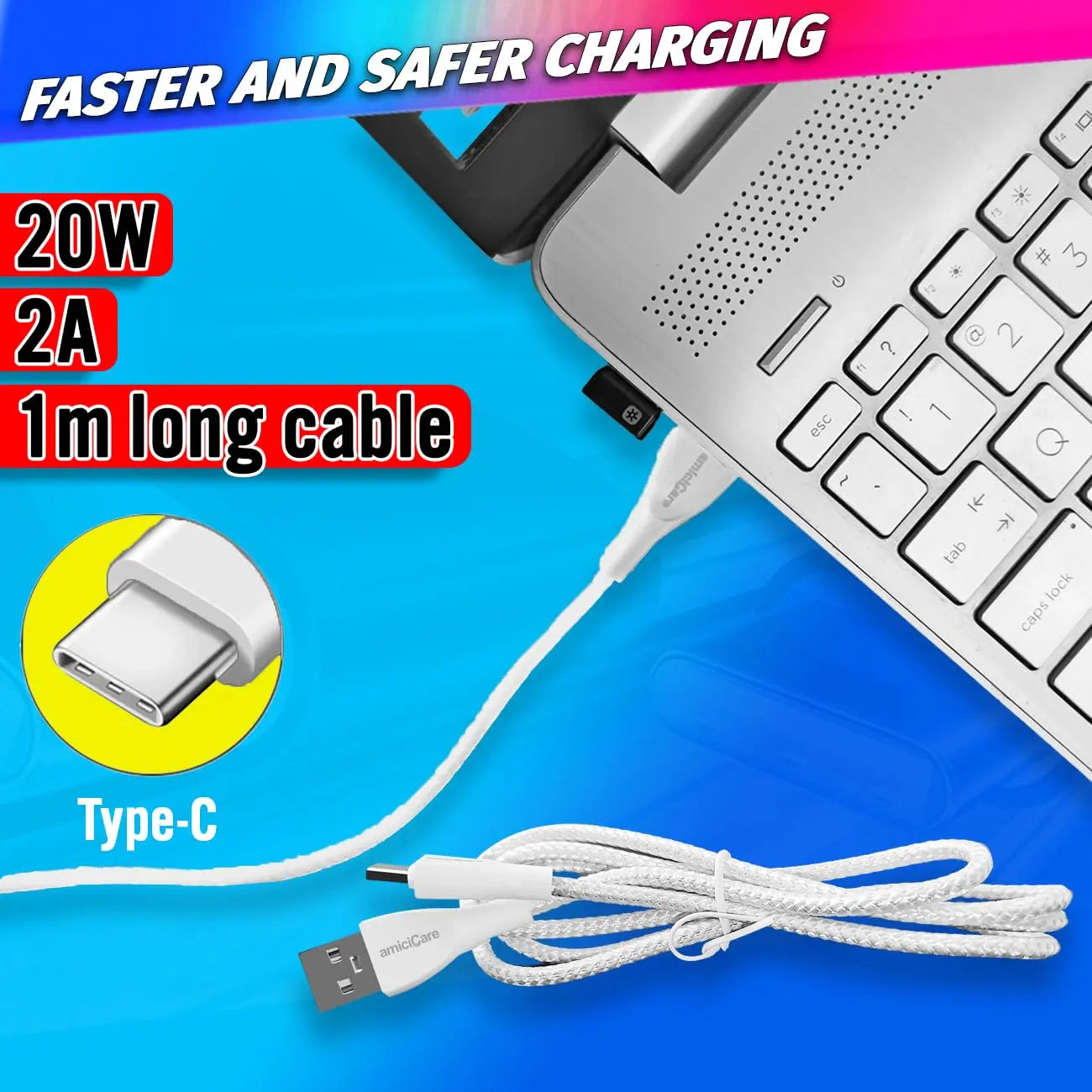 20W/2A Fast Charging Unbreakable Nylon Braided Type-C Cable, 1m Long Cable for Smartphone (White)